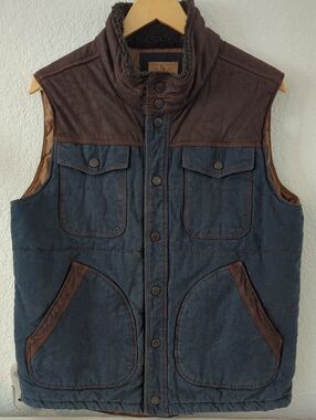 Men's Denim and Brown Quilted Vest Jacket